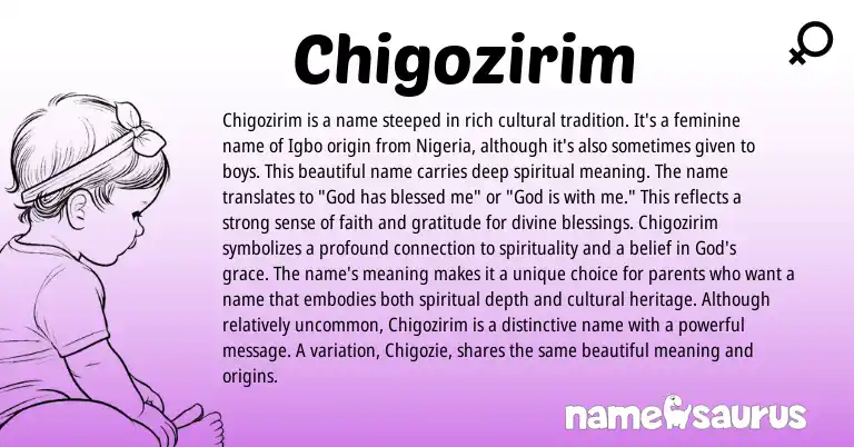 Infographic about Chigozirim name meaning, Chigozirim is a name from Igbo, English, Nigerian origin(s).