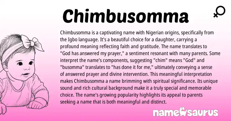 Infographic about Chimbusomma name meaning, Chimbusomma is a name from Igbo, Nigerian origin(s).