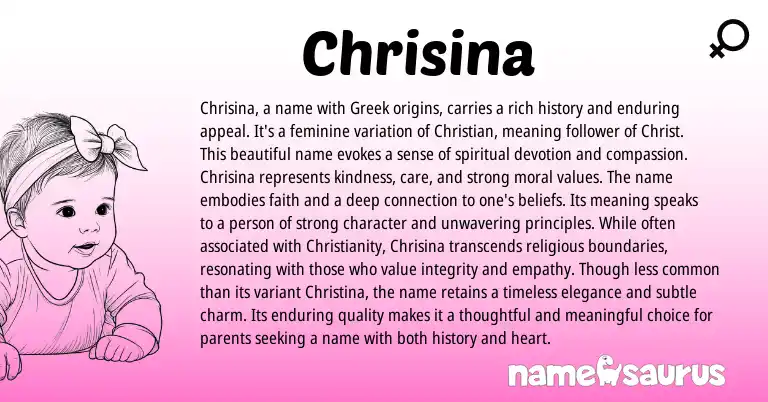 Infographic about Chrisina name meaning, Chrisina is a name from Greek origin(s).