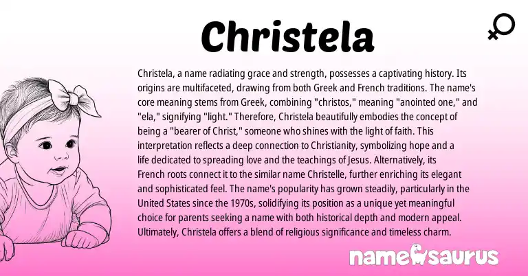 Infographic about Christela name meaning, Christela is a name from Greek origin(s).