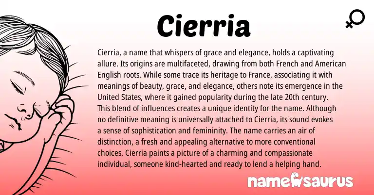 Infographic about Cierria name meaning, Cierria is a name from French origin(s).