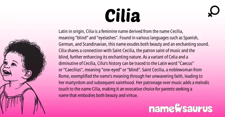 Infographic about Cilia name meaning, Cilia is a name from Spanish, German, Latin, Scandinavian origin(s).