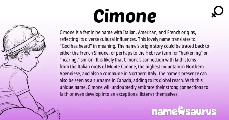Infographic about Cimone name meaning, Cimone is a name from Italian, American, French, Hebrew origin(s).