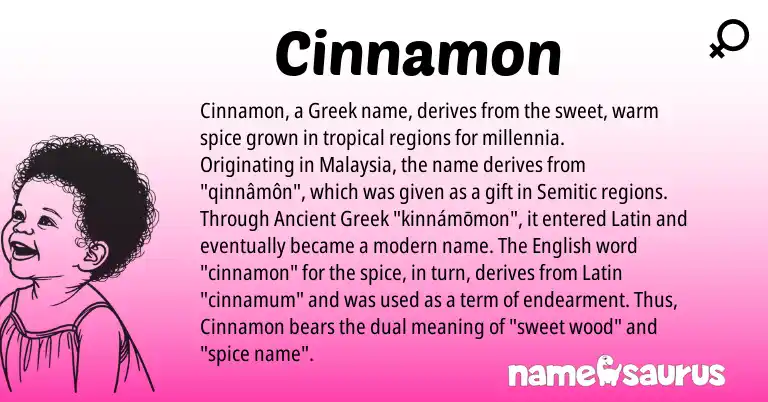 Infographic about Cinnamon name meaning, Cinnamon is a name from Ancient Greek, Semitic, English, Latin, Greek origin(s).