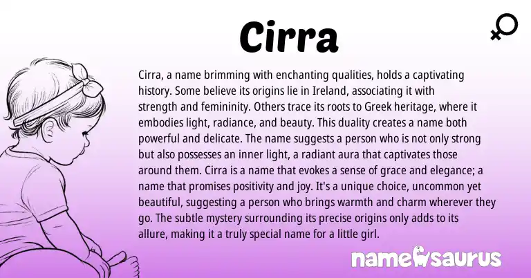 Infographic about Cirra name meaning, Cirra is a name from Latin, Greek origin(s).