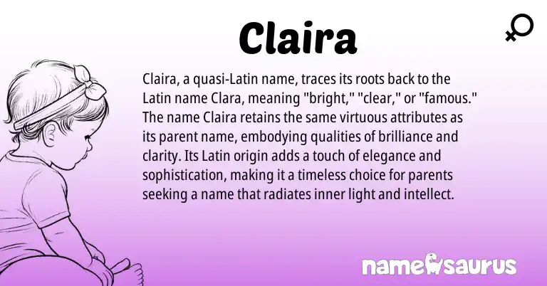 Infographic about Claira name meaning, Claira is a name from Latin origin(s).