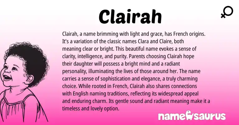 Infographic about Clairah name meaning, Clairah is a name from French, English origin(s).