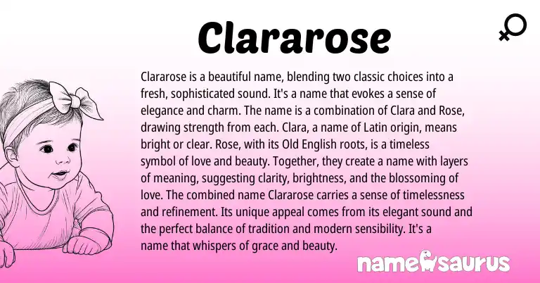 Infographic about Clararose name meaning, Clararose is a name from Latin, English origin(s).