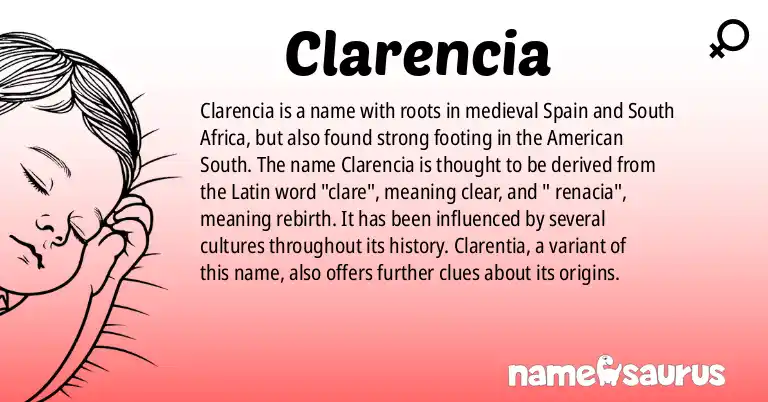 Infographic about Clarencia name meaning, Clarencia is a name from Medieval Spanish, South African, American (South) origin(s).