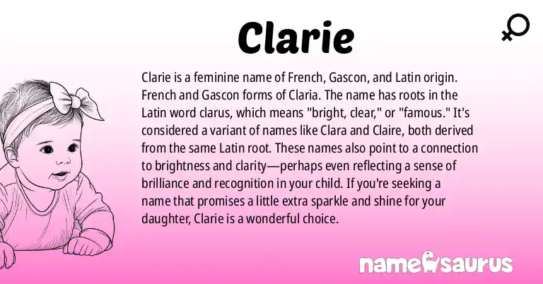 Infographic about Clarie name meaning, Clarie is a name from French, Gascon, Latin origin(s).