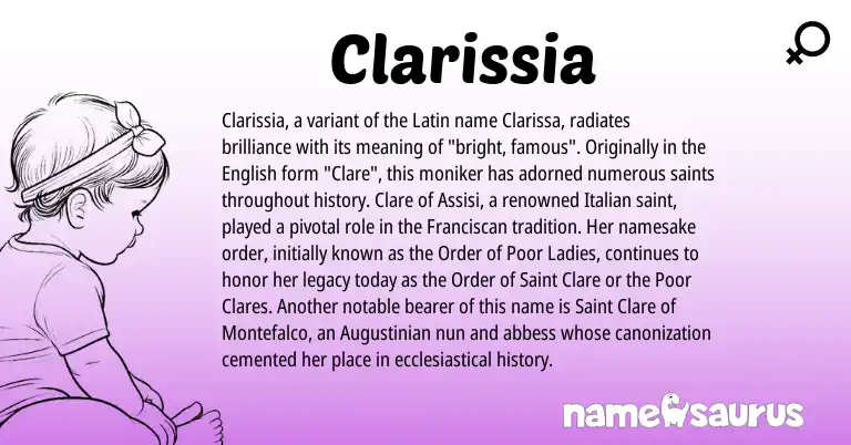 Infographic about Clarissia name meaning, Clarissia is a name from English, Latin, Italian origin(s).