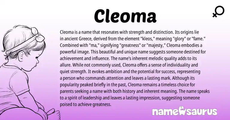 Infographic about Cleoma name meaning, Cleoma is a name from English, Greek origin(s).