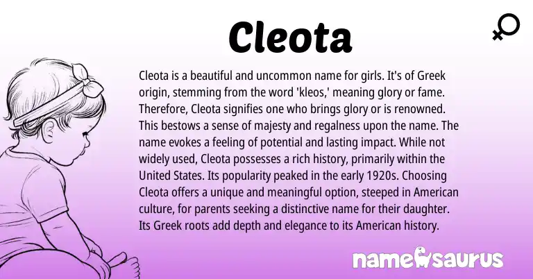 Infographic about Cleota name meaning, Cleota is a name from Greek origin(s).