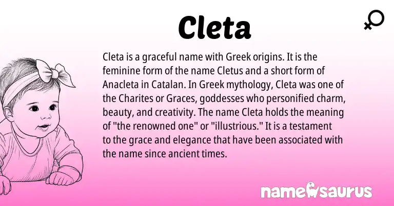 Infographic about Cleta name meaning, Cleta is a name from Catalan, Greek origin(s).