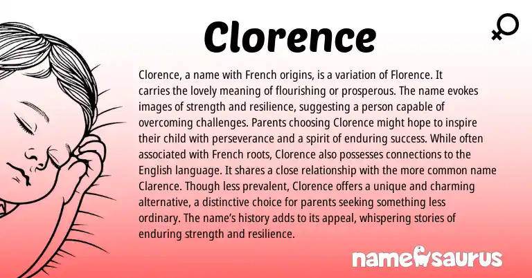 Infographic about Clorence name meaning, Clorence is a name from French origin(s).