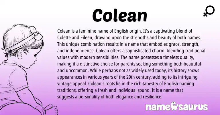 Infographic about Colean name meaning, Colean is a name from English origin(s).