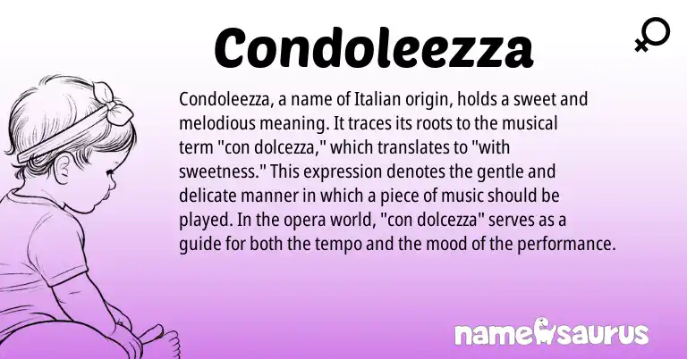 Infographic about Condoleezza name meaning, Condoleezza is a name from Italian origin(s).