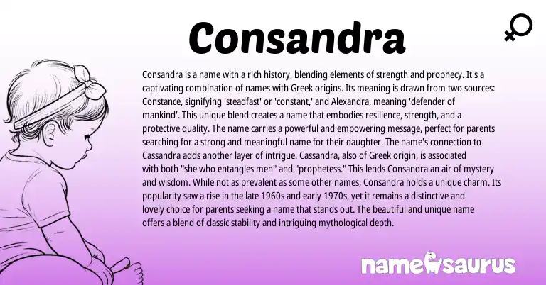 Infographic about Consandra name meaning, Consandra is a name from English, Greek origin(s).
