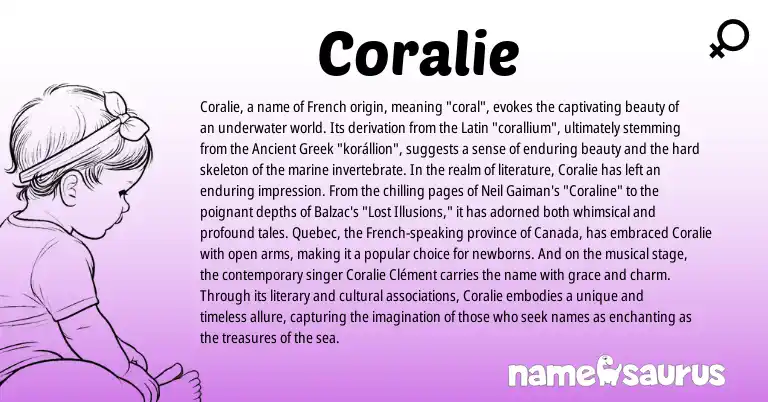 Infographic about Coralie name meaning, Coralie is a name from Ancient Greek, French, Latin origin(s).