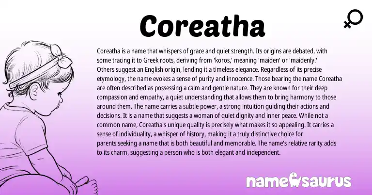 Infographic about Coreatha name meaning, Coreatha is a name from Greek origin(s).