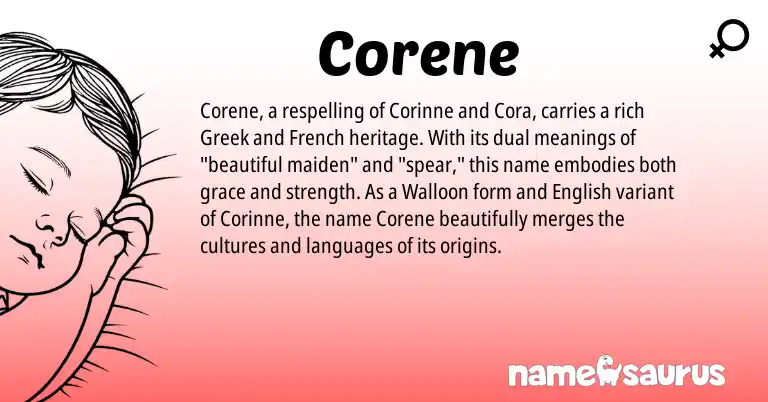 Infographic about Corene name meaning, Corene is a name from English, French, Walloon, Greek origin(s).