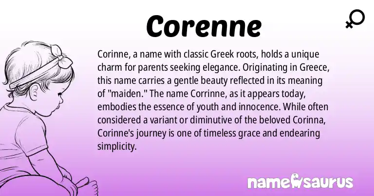Infographic about Corenne name meaning, Corenne is a name from Greek origin(s).
