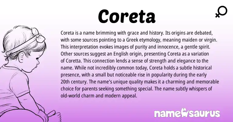 Infographic about Coreta name meaning, Coreta is a name from Greek origin(s).