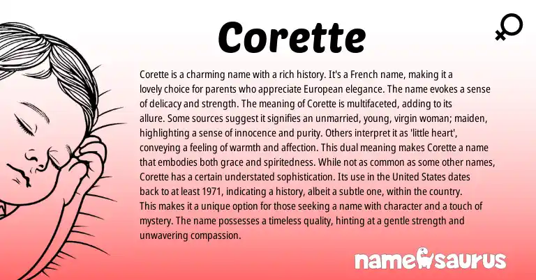 Infographic about Corette name meaning, Corette is a name from Greek, French, English origin(s).