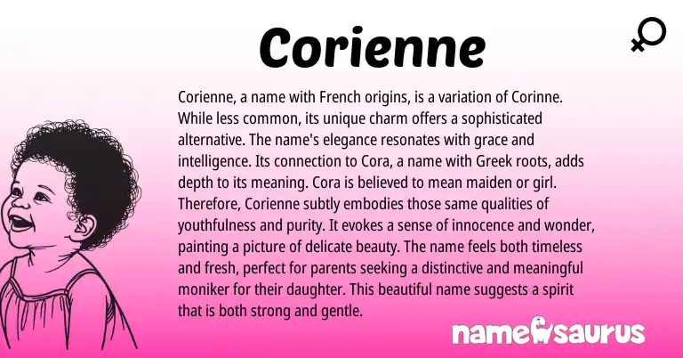 Infographic about Corienne name meaning, Corienne is a name from Greek origin(s).