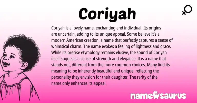 Infographic about Coriyah name meaning, Coriyah is a name from English origin(s).
