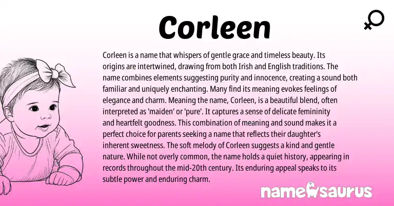 Infographic about Corleen name meaning, Corleen is a name from Irish origin(s).