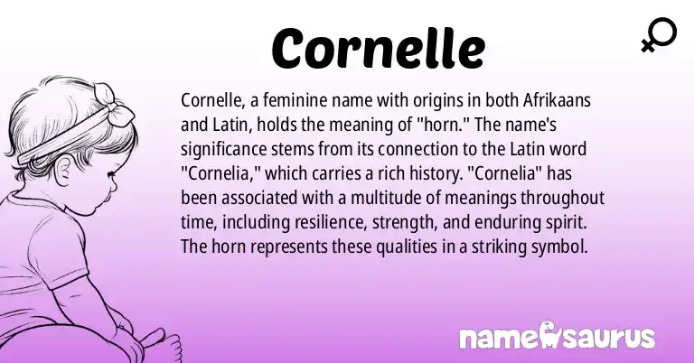 Infographic about Cornelle name meaning, Cornelle is a name from Afrikaans, Latin origin(s).