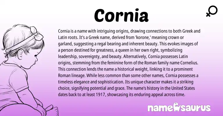 Infographic about Cornia name meaning, Cornia is a name from Latin, Greek origin(s).