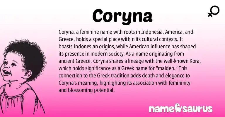 Infographic about Coryna name meaning, Coryna is a name from Indonesian, American, Greek origin(s).