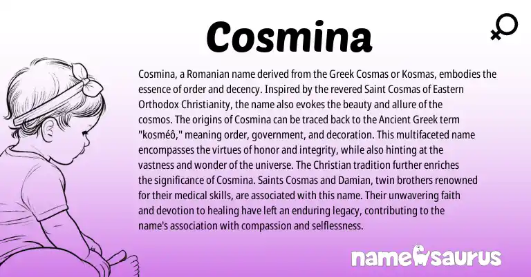 Infographic about Cosmina name meaning, Cosmina is a name from Romanian, Ancient Greek, Christianity, Greek origin(s).