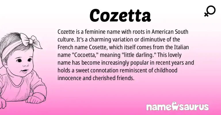Infographic about Cozetta name meaning, Cozetta is a name from American (South) origin(s).
