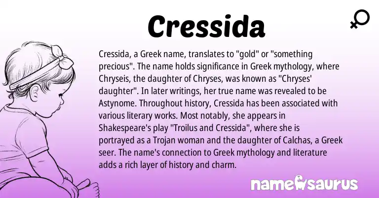 Infographic about Cressida name meaning, Cressida is a name from Greek origin(s).