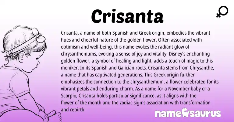 Infographic about Crisanta name meaning, Crisanta is a name from Galician, Spanish, Greek origin(s).