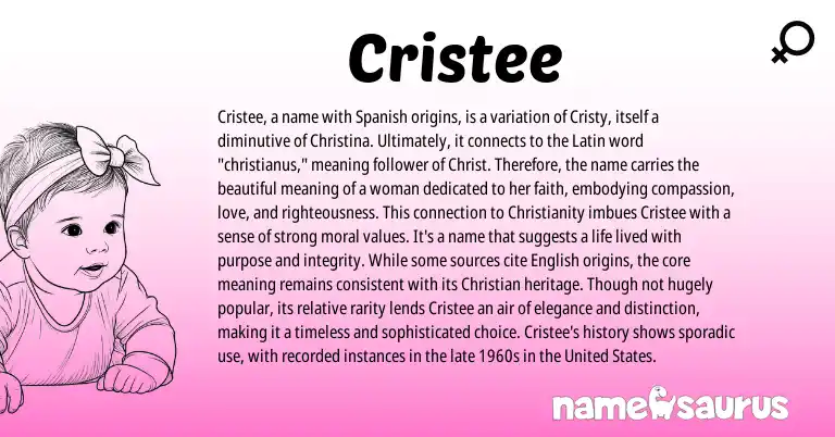 Infographic about Cristee name meaning, Cristee is a name from Latin, Spanish origin(s).