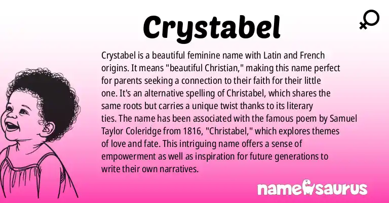 Infographic about Crystabel name meaning, Crystabel is a name from Latin, French origin(s).