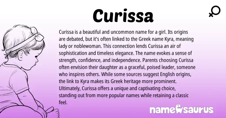 Infographic about Curissa name meaning, Curissa is a name from Greek origin(s).