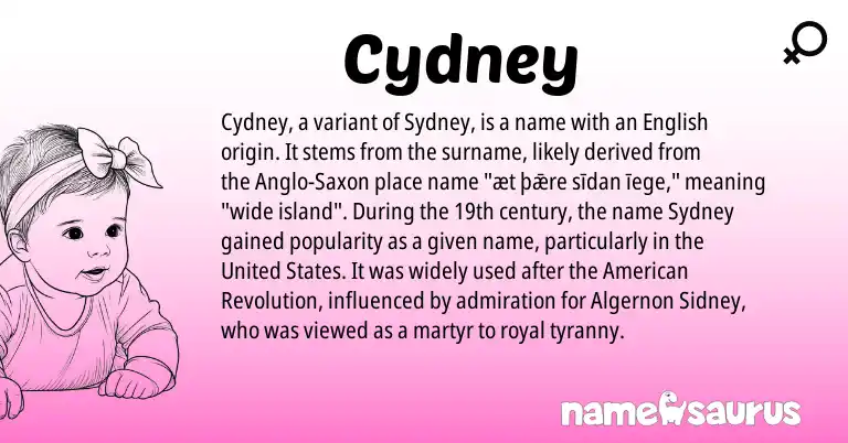 Infographic about Cydney name meaning, Cydney is a name from English, United States, American, Anglo-Saxon origin(s).