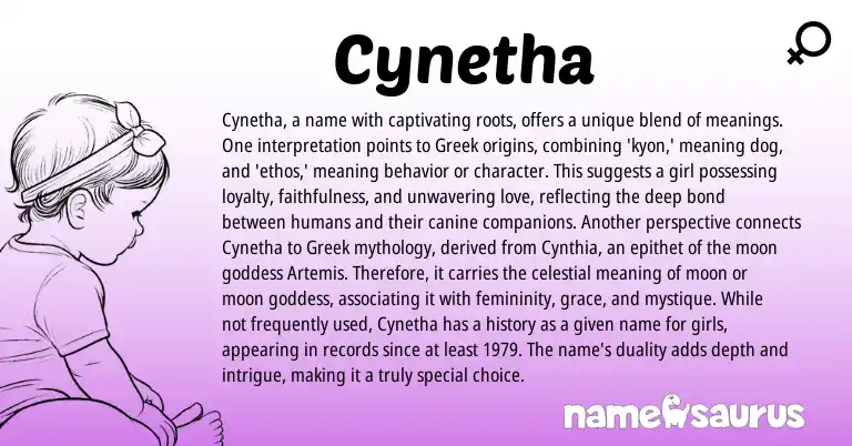 Infographic about Cynetha name meaning, Cynetha is a name from Greek origin(s).