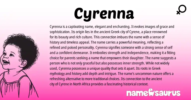 Infographic about Cyrenna name meaning, Cyrenna is a name from Greek origin(s).