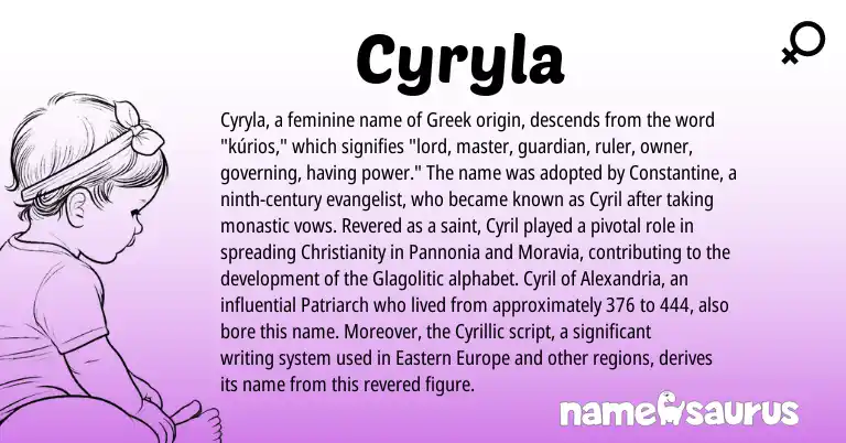 Infographic about Cyryla name meaning, Cyryla is a name from Christianity, Greek origin(s).