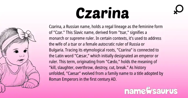 Infographic about Czarina name meaning, Czarina is a name from Russian, Slavic, Roman, Latin origin(s).