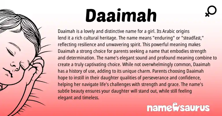 Infographic about Daaimah name meaning, Daaimah is a name from Arabic origin(s).