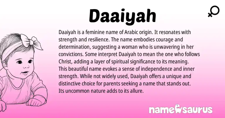 Infographic about Daaiyah name meaning, Daaiyah is a name from English, Arabic origin(s).