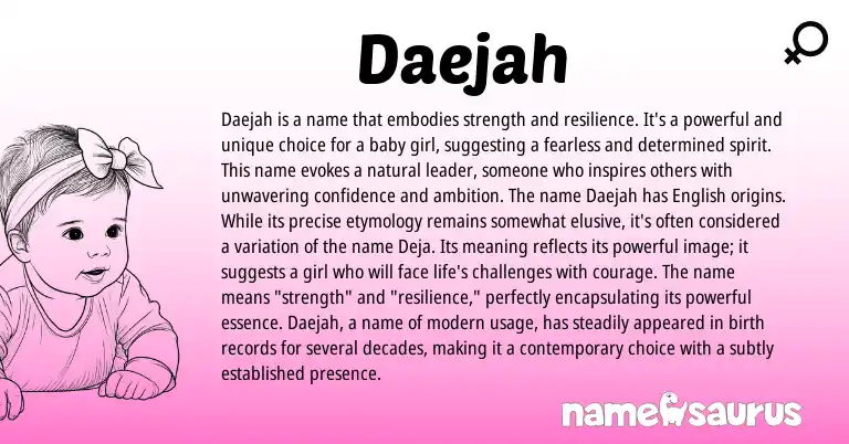 Infographic about Daejah name meaning, Daejah is a name from American origin(s).