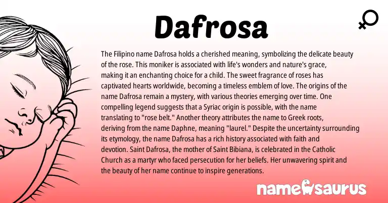 Infographic about Dafrosa name meaning, Dafrosa is a name from Filipino, Greek origin(s).
